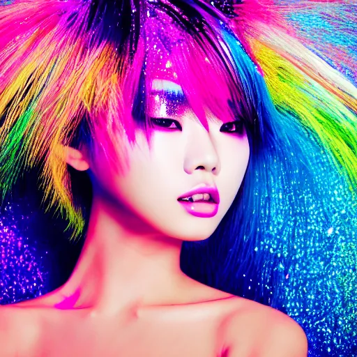 Image similar to japanese model with maximalist hair style and makeup, bright colors, fashion model, portrait shot, glitter, depth of field, 8 k, hyper detailed, intricate, trending on artstation