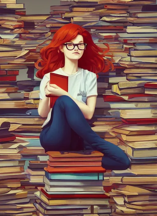 Prompt: a young woman with red hair and glasses sits on top of a tall pile of books. she is reading. behance hd by artgerm, jesper ejsing, by rhads, makoto shinkai and lois van baarle, ilya kuvshinov, rossdraws, illustration, art by ilya kuvshinov and gustav klimt