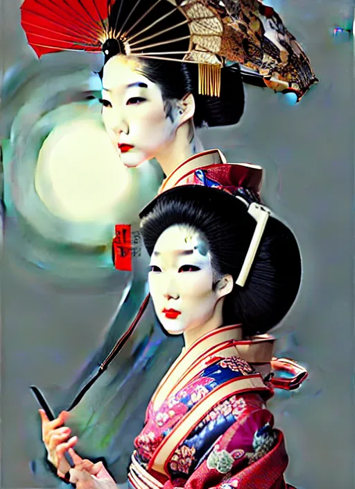 Image similar to sensual japanese geisha wearing vr eyepiece, intricate geisha kimono, robotic, android, cyborg, cyberpunk face, steampunk, fantasy, intricate, elegant, highly detailed, colorful, vivid color, digital photography, cool warm lighting, futurism, artstation, concept art, art by artgerm and greg rutkowski and ruan jia,