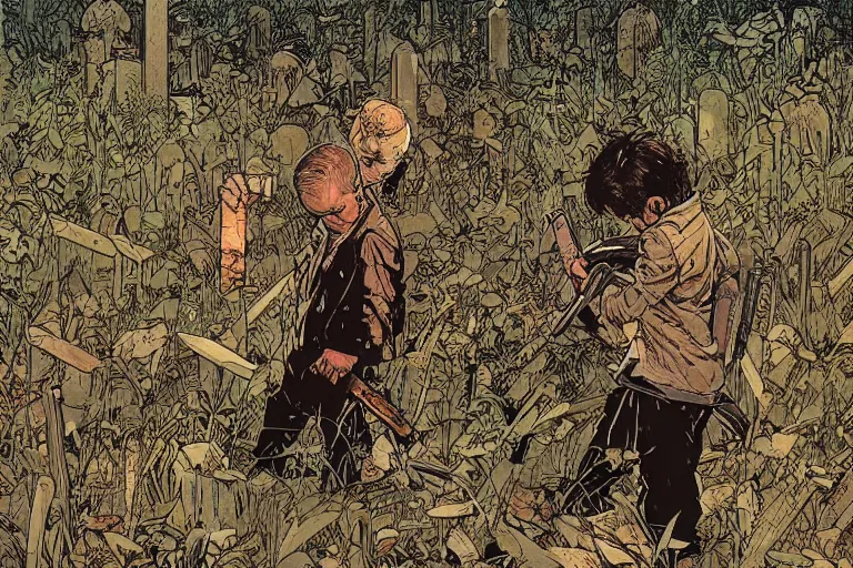 Image similar to abandoned overgrown graveyard, a child standing holding a knife, very coherent, intricate design, painting by Laurie Greasley, part by Yoji Shinkawa, part by Norman Rockwell