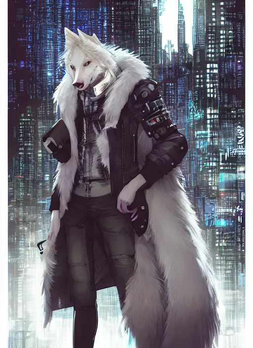 Image similar to character portrait of a male anthro albino wolf fursona with a tail and a cute beautiful attractive detailed furry face wearing stylish cyberpunk clothes in a cyberpunk city at night while it rains. hidari, color page, tankoban, 4K, tone mapping, Akihiko Yoshida. Nomax, Kenket, Rukis. comic book style, photorealistic, professional lighting, hyperdetailed, high resolution, high quality, dramatic, deviantart, artstation, 4k, real photo