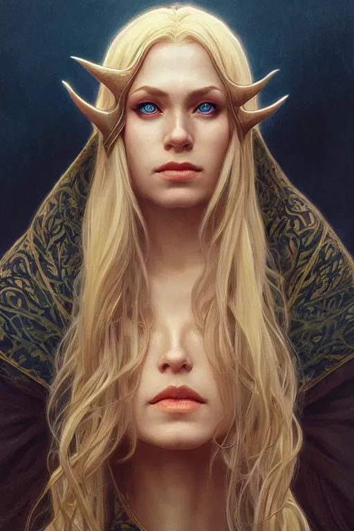 Image similar to portrait of a wise blonde elven mage, dark, piercing eyes, gentle expression, elegant clothing, photorealistic, highly detailed, artstation, smooth, sharp focus, art by michael whelan, artgerm, greg rutkowski and alphonse mucha