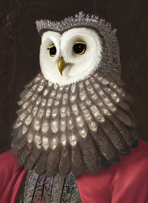 Image similar to close-up portrait of anthropomorphic owl Prince, man with a head of barn owl, glowing eyes, in a crown, soft glowing, wearing long royal robe, lilac, silver, black, bokeh, blurred space, stars, dreamy, romantic, painting in the museum, highly detailed, sharp focus, digital painting, artwork, by John James Audubon by Victor Adame Minguez by Yuumei by Tom Lovell by Sandro Botticelli