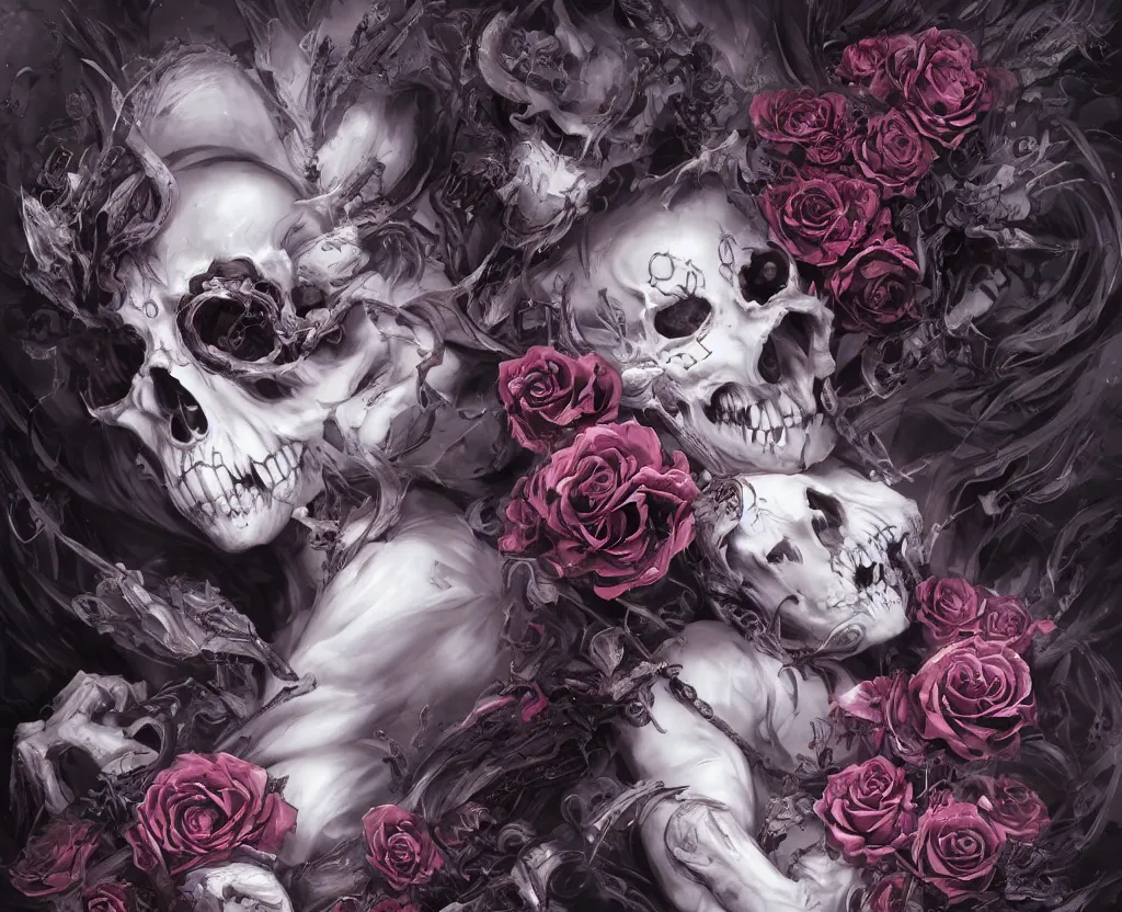 Image similar to a chaotic goddess of death skull black rose s day of the dead atmospheric, dramatic, concept art by a professional manga illustrator, Stanley Artgerm Lau, WLOP, Rossdraws, James Jean, Andrei Riabovitchev, Marc Simonetti, and Sakimichan hyperrealist, cinema4D, 8k highly detailed ❤️‍🔥 🔥 💀 🤖 🚀