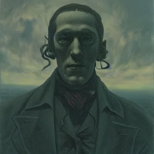 Prompt: H.P. Lovecraft, painting by Caspar David Friedrich, oil, high detail, trending on artstation