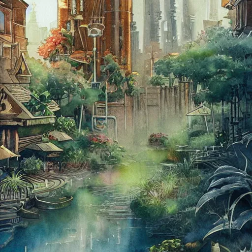 Image similar to Beautiful happy picturesque charming sci-fi city in harmony with nature. Beautiful light. Water and plants. Nice colour scheme, soft warm colour. Beautiful detailed watercolor by Lurid. (2022)