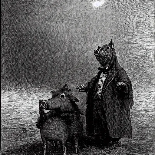 Image similar to a pig in a tuxedo, creepy atmosphere, outside, clouds, dark, portrait, realistic, very realistic, illustration by Gustave Doré