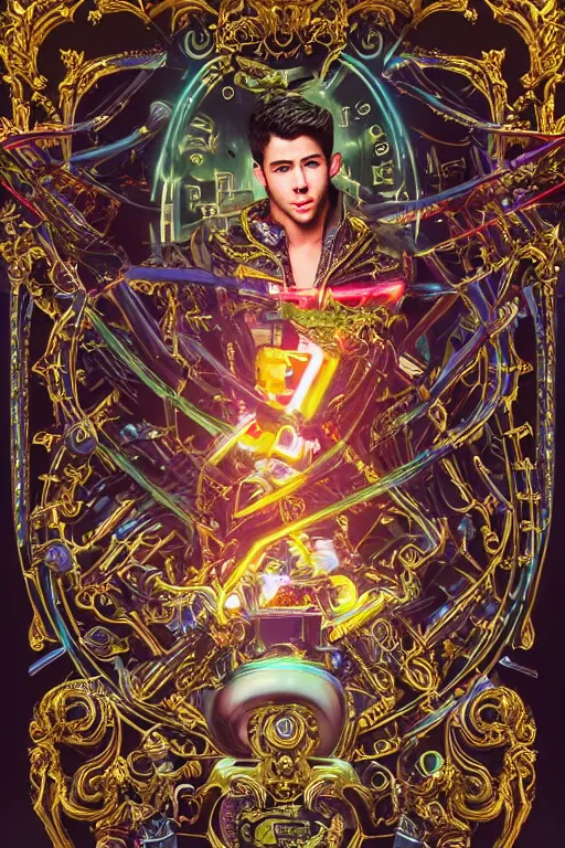 Image similar to full-body bladerunner neon rococo style sculpture of a handsome Spanish Nick Jonas as a half cibernetic android with a chest opening exposing circuitry and electric sparks, glowing laser beam eyes, crown of giant diamonds, flowing neon-colored silk, fabric, raptors. baroque elements. full-length view. baroque element. intricate artwork by caravaggio. many many birds birds on background. Trending on artstation, octane render, cinematic lighting from the right, hyper realism, octane render, 8k, depth of field, 3D