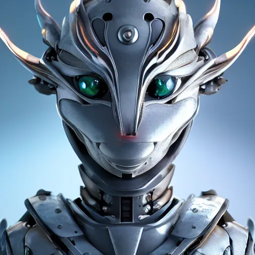 Image similar to a highly detailed close-up bust, of a beautiful cute anthropomorphic robot female dragon, with smooth and streamlined mechanical armor, standing and posing elegantly in front of the camera, well detailed head with two LED eyes, sharp teeth, two arms, digital art, artstation, DeviantArt, professional, octane render, sunset lighting