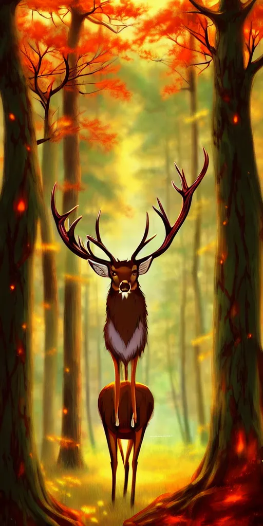 Image similar to deer with large antlers alone in the woods. warm colors, by nashimanga, anime illustration, anime key visual, beautiful anime - style digital painting by wlop, amazing wallpaper
