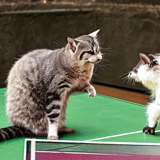 Image similar to a cat playing table tennis against a racoon