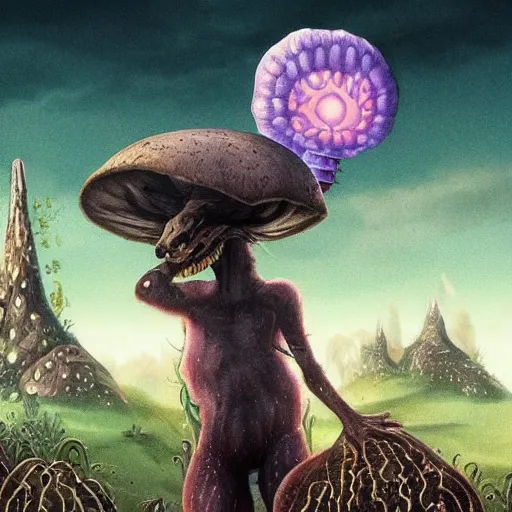 Image similar to a centered chest up portrait of a psychedelic demonic anthropomorphic badger smoking a hand - rolled cigarette smoking heavily, magic mushroom village in background. award winning. superb resolution. in the art style of junji ito and greg rutkowski. detailed mushroom city in background. hyper realistic anime. perfect art. dalle 2