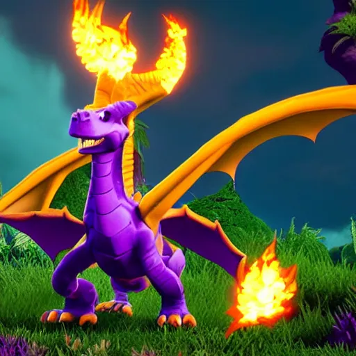 Prompt: Spyro The Dragon breathing fire at his enemy, unreal engine, heroic dragon pose