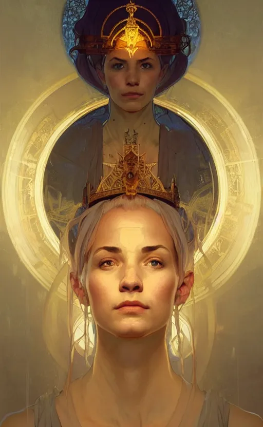 Image similar to a portrait of a young bald oracle, tired, staring at us, symmetry, symbolic elaborate painting, golden crown of light, art by aleksander brodzinski, greg rutkowski and alphonse mucha, trending on artstation