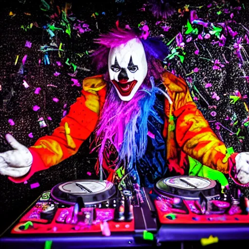 Prompt: A Scary Clown Creature DJ’ing A Dark Psytrance Festival, Surreal, Vibrant, Horror, Confetti, Streamers, Parade, Psychedelic HDR