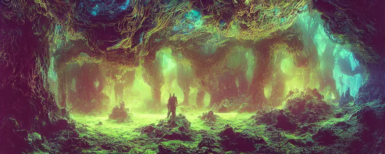 Prompt: ” mycelium, roots, deep cavern, [ moist, wet, cinematic, detailed, epic, widescreen, opening, establishing, mattepainting, photorealistic, realistic textures, octane render, art by paul lehr ] ”