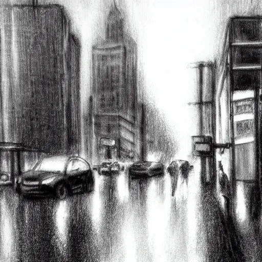 Image similar to charcoal drawn cityscape in the rain