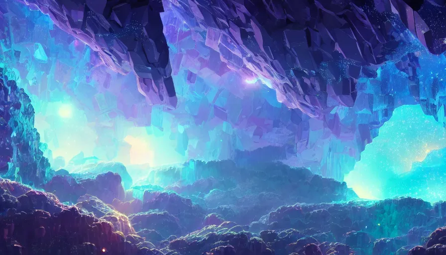 Image similar to A highly detailed digital art painting of a crystalline crystal sparkling cave at night, shimmering starry nebula sky by Studio Ghibli, Makoto Shinkai, by Artgerm, by beeple, volumetric lighting, octane render, 4K resolution, trending on artstation, masterpiece, vivid colours