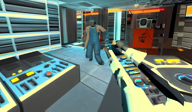 Prompt: ltj bukem npc in perfect dark giving you dj training, 9 0 s first person shooter, low poly, gameplay screenshot