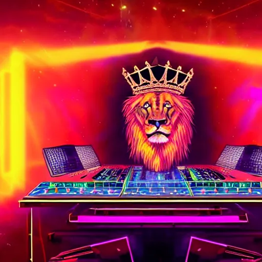 Image similar to Lion with crown in DJ booth in space, synthwave