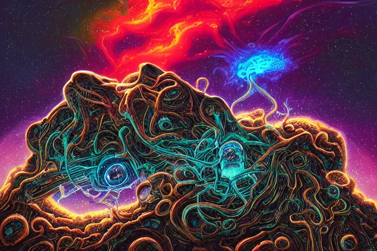 Image similar to a giant skull with eyes and lovecraftian tentacles emerging from a space nebula by dan mumford, smoke trails, digital art, photorealistic, vivid colors, highly detailed, intricate