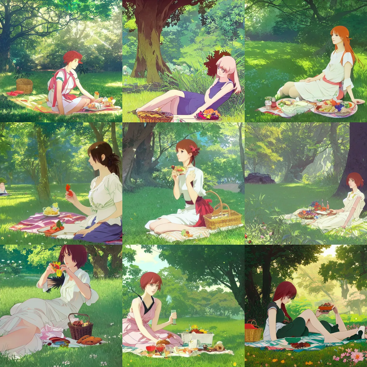 Prompt: A young woman having a picnic in a lush park, facial focus, highly detailed, artstation, official artbook, official Kyoto Animation and Studio Ghibli anime screenshot, by Ilya Kuvshinov and Alphonse Mucha