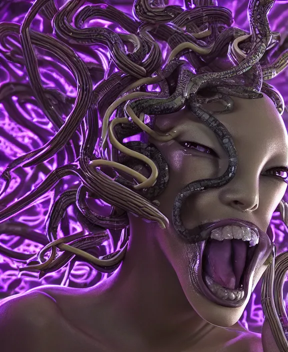 Image similar to beautiful medusa head highly detailed snakes, cosmic horror, abstract, ghostly, arcade, duotone, poltergeist, epic lighting, intricate, elegant, highly detailed, smooth, sharp focus, photo real, ultra realistic, unreal engine 5, raytracing, in the style of beeple and mike winkelmann, ultraviolet colors