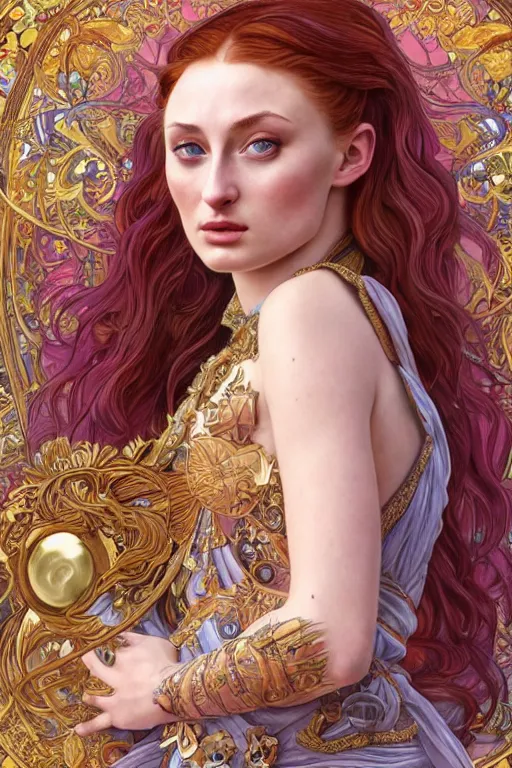 Image similar to Sophie Turner as a Goddess of the Universe, cute, fantasy, intricate, elegant, highly detailed, digital painting, 4k, HDR, concept art, smooth, sharp focus, illustration, art by artgerm and H R Giger and alphonse mucha