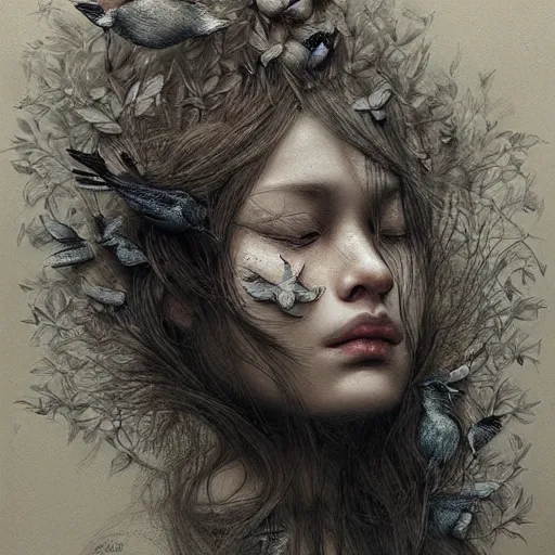 Image similar to an intricate detailed women without eyes portrait with birds by marco mazzoni