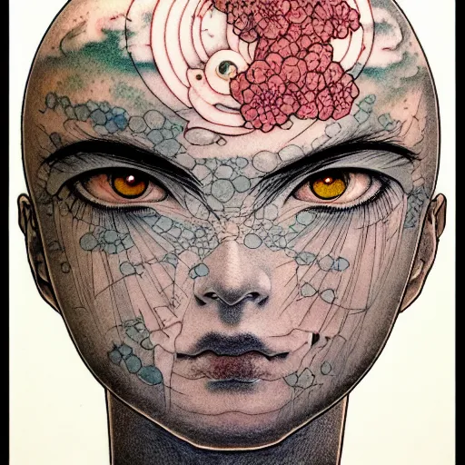 Image similar to prompt: Fragile looking character soft light portrait face drawn by Takato Yamamoto and Katsuhiro Otomo, tattooed face, inspired by Akira 1988 anime, alchemical objects on the side, soft light, intricate detail, intricate gouache painting detail, sharp high detail, manga and anime 2010