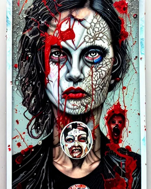 Image similar to a tarot card portrait horror and blood with sea and ocean intricate details by Sandra Chevrier