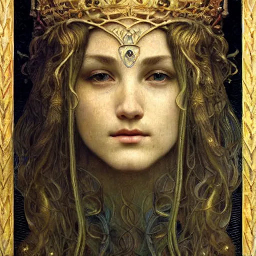 Image similar to detailed realistic beautiful young medieval queen face portrait by jean delville, alphonse mucha, and marco mazzoni, art nouveau, symbolist, visionary, gothic, pre - raphaelite