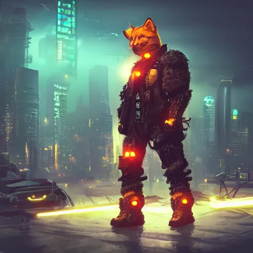 Image similar to anthropomorphic ginger cat, cyberpunk battle armour, revolver, cyborg, glowing, 3 d render, realistic, blade runner background.