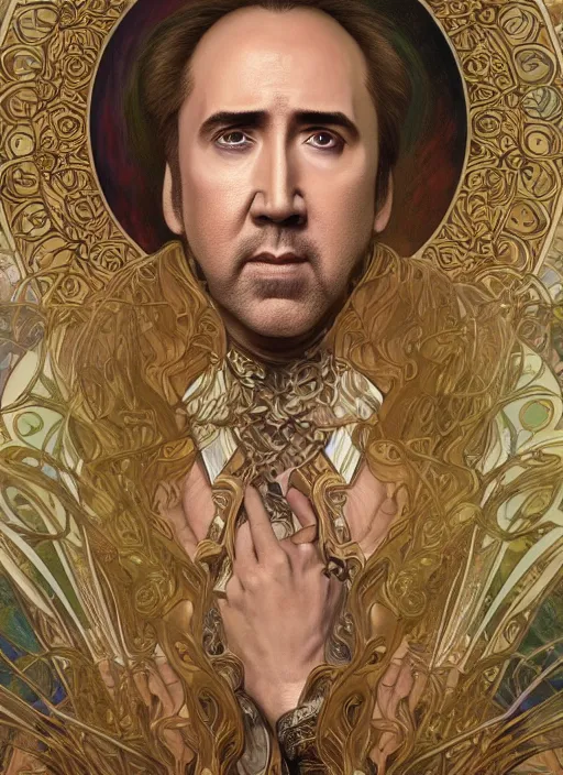 Prompt: Nicolas Cage as God of Massive Talent, epic, intricate, elegant, highly detailed, digital painting, 4k, HDR, concept art, smooth, sharp focus, illustration, art by alphonse mucha,artgerm, H R Giger