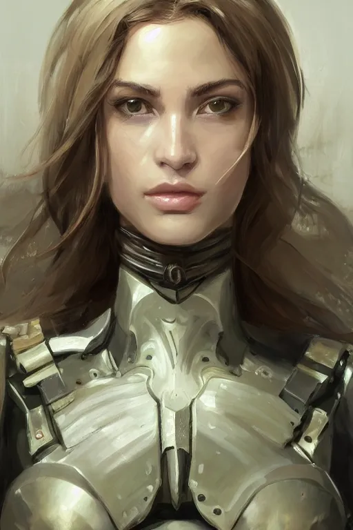 Image similar to a professionally painted portrait of an attractive young woman, clothed in military armor, olive skin, long dark hair, beautiful bone structure, symmetrical facial features, intricate, elegant, digital painting, trending on Artstation, concept art, smooth, sharp focus, illustration, from Metal Gear by Ruan Jia and Mandy Jurgens and Artgerm and William-Adolphe Bouguerea, award winning