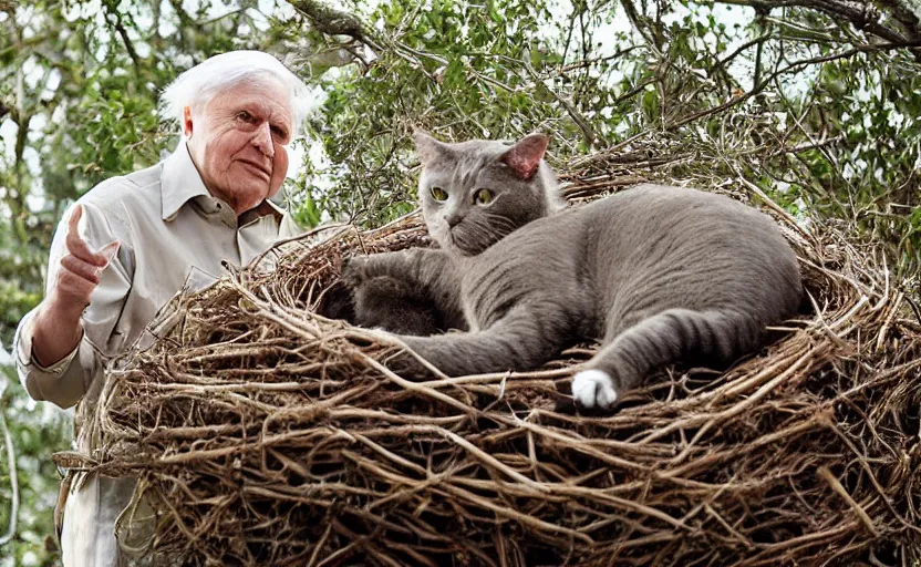 Image similar to david attenborough pointing at a cat guarding it's eggs. big nest. nature photography, strange, photorealistic