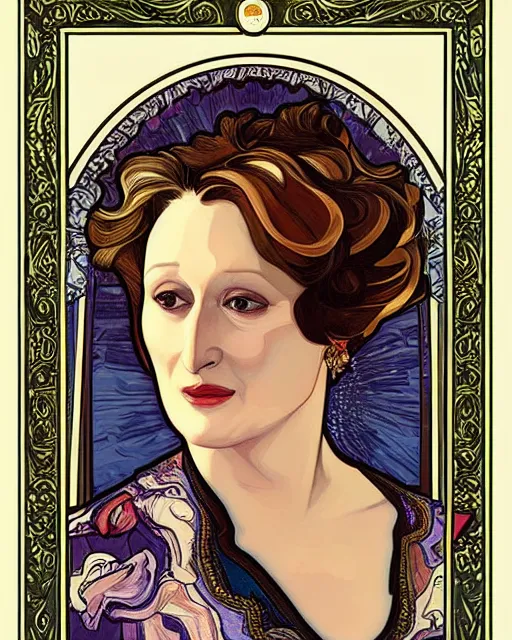 Image similar to a portrait painting of ( ( ( meryl streep ) ) ) in the style of alphonse mucha!!!