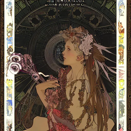 Prompt: the dark arts art by Akihiko Yoshida and Alphonse Mucha