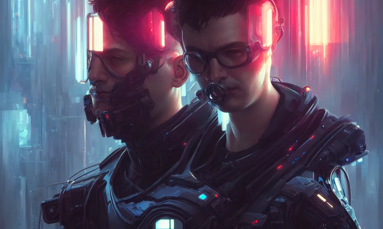 Image similar to Hacker cyberpunk man portrait, highly detailed, digital painting, artstation, concept art, smooth, sharp focus, illustration, art by artgerm and greg rutkowski and alphonse mucha