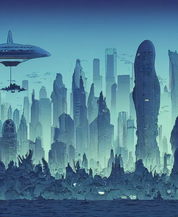 Image similar to simplicity, city skyline made out of sea slugs, in the style of a spaceship, skeletons, partly cloudy, spooky, dramatic lighting, by geof darrow, bill sienkiewicz, dan mumford, yusuke murata, makoto shinkai, ross tran, cinematic, unreal engine, cel shaded, featured on artstation, pixiv