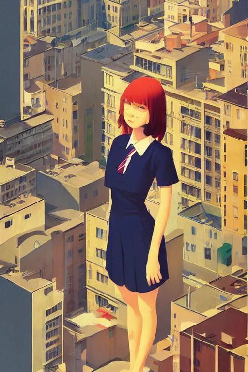 Image similar to a cute giantess wearing school uniform standing in the city which seem small, bird's eye view, strong brush stroke, sharp focus, illustration, morandi color scheme, art station, by ilya kuvshinov