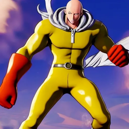 Image similar to one punch man in fortnite, character render, full body shot, highly detailed, in game render