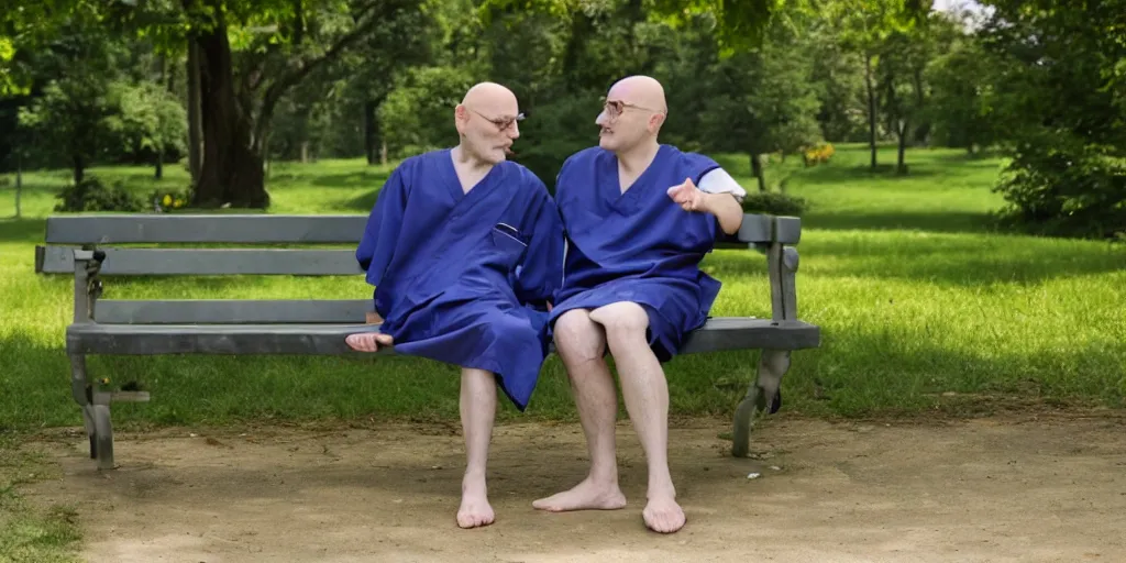 Prompt: A bald old man in a hospital gown and a bald kid sitting on a bench in the park .