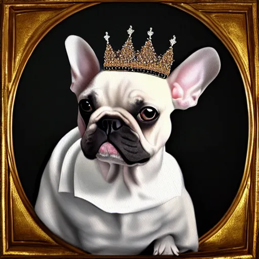 Prompt: a renaissance style portrait painting of a small mostly white female french bulldog, wearing a crown and cape, dark background. trending on artstation.