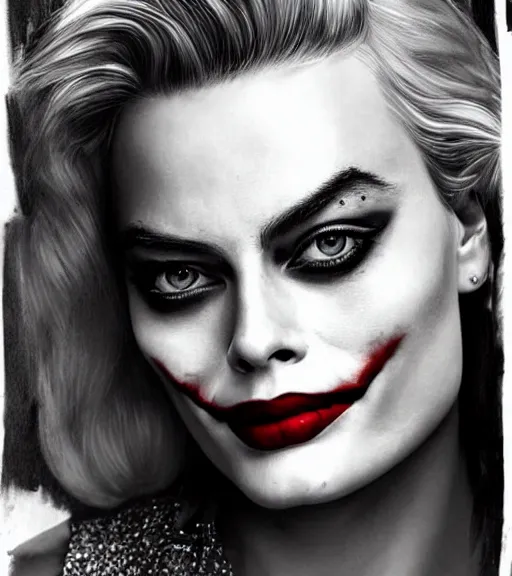 Image similar to beautiful margot robbie portrait with joker makeup, in the style of den yakovlev,, black and white realism drawing, faded outline, hyper realistic, highly detailed