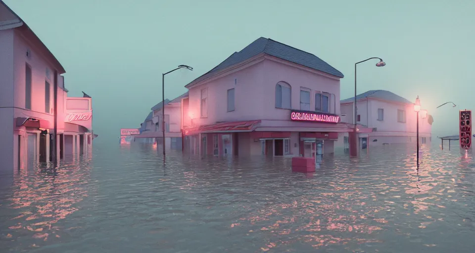 Image similar to a poignant 80s vaporwave outrun 3d Render of a german town being flooded at dusk, soft lighting, matte colors, hazy atmosphere, retro, nostalgic melancholy, grainy, noisy