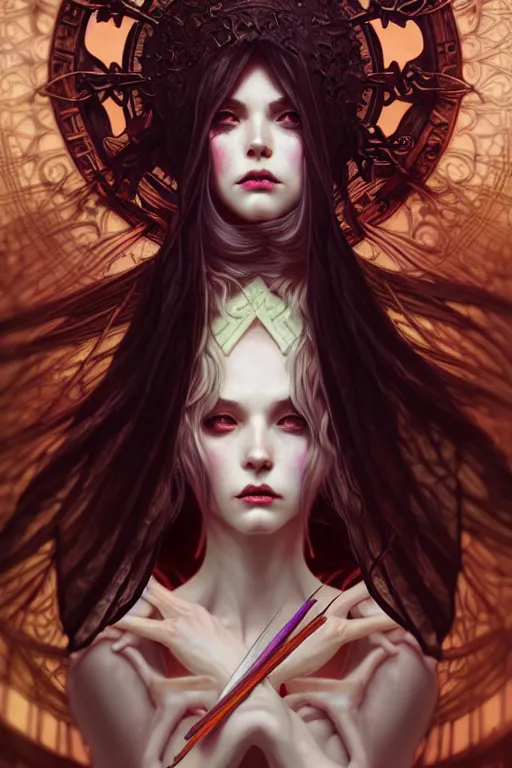 Prompt: beautiful ancient demonic witch uses time magic, highly detailed, digital painting, artstation, sharp focus, illustration, art by tan zi and ayanamikodon and alphonse mucha and wlop