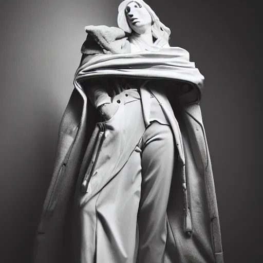 Image similar to well lit fashion shoot portrait of extremely beautiful gal godot marble statue wearing huge over size puffer jacket by dingyun zhang, yeezy, balenciaga, vetements, a cold wall, sharp focus, clear, detailed,, cinematic, detailed, off white, glamourous, symmetrical, vogue, editorial, fashion, magazine shoot, glossy