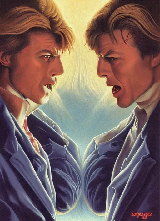 Image similar to twin peaks poster art, david bowie fighting his doppelganger gemini good and evil, old retro pulp, by michael whelan, rossetti bouguereau, artgerm, nostalgic, old fashioned