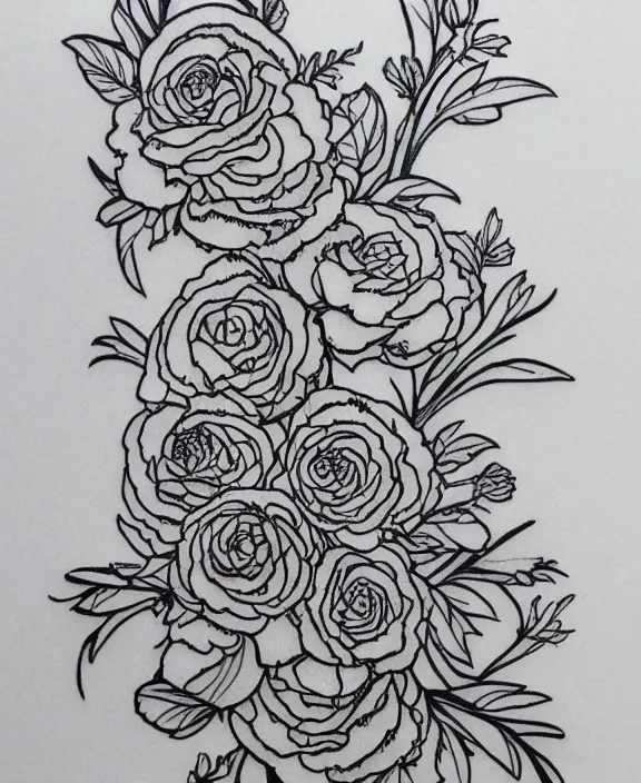 Image similar to amazing detailed tattoo line work stencil of carnations roses peonies and limonium flowers delicate and feminine